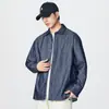 Camisa Jeans Pesada Jaqueta Masculina Estilo Primavera 2026 Camisa Listrada Color-Block Gola Reversível Jaqueta Camisa de Marca Tendência Atacado