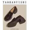 Mocasines Retro de Cuero Suave Negro con Tacón Alto para Mujer, Moneda Dorada, Perezosos, Suela Gruesa, Puffin, Zapatos Pequeños de Cuero Británicos, Zapatos de una Sola Capa