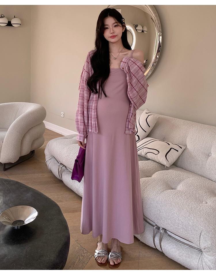 孕妇新品韩版时尚宽松格子衬衫粉色吊带裙两件套