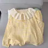 Pijama doble largo de encaje de algodón nube a cuadros amarillos, conjunto fino y amigable con la piel para casa para mujer en primavera y otoño
