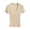 Suéter fino de manga corta, escotado, sexy y puro de color rosa para chicas sexys, camiseta ajustada de verano con cuello en U grande y cintura ajustada para mujer