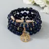 Pulsera de Pulsera con Colgante Redondo de Árbol de la Vida Hueco Bohemio Elástica Multicapa con Cuentas