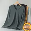 Camiseta Térmica de Manga Larga para Hombre con Cuello en V, Top de Color Sólido para Otoño e Invierno, Capa Base Cálida de Forro Polar por Ambos Lados