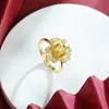 Anel Vietnamita Banhado a Ouro com Zircônia Incrustada, Design de Flor de Rosa, Tamanho Ajustável, Estilo Étnico, Versátil, Cor Duradoura, Joia Feminina