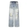 Calça jeans masculina rasgada e desgastada estilo motociclista, moda de rua punk retrô americana, calça de perna reta solta lavada