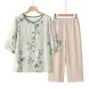 Traje de verano de algodón y seda para mujeres de mediana edad y mayores, camisa holgada de cuello redondo de talla grande para personas mayores, top de verano elegante para madres