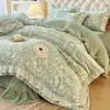 Estilo Princesa Francesa Juego de Cuatro Piezas de Leche Fleece Doble Cara Invierno Franela Coral Fleece Funda de Edredón Sábana Gruesa Faldón de Cama Ropa de Cama