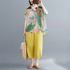 Foto Real del Conjunto Casual de Moda Suelta de Verano 2026 para Mujer: Conjunto de Dos Piezas: Camisa Pintada + Pantalones Anchos de Algodón y Lino