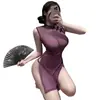 Lingerie sexy Mannyan, transparente e sedutora, perfeita para seios pequenos, uniforme estilo cheongsam, apaixonado e sedutor, cintura alta com fenda, 9682