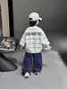 Q140 Moletom com Capuz Falso Duas Peças para Meninos, Primavera e Outono, Estilo Coreano para Meninos Pequenos, Pulôver de Manga Longa, Roupas Infantis Novas