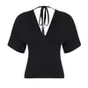 Camiseta Sexy de Manga Curta Preta Decote em V Profundo Baixo Costas Aberta com Amarração, Estilo Europeu e Americano Transfronteiriço, Top Elegante e Justo ao Corpo