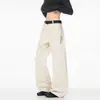 Pantalones casuales para hombre de algodón puro, corte diagonal, bordados, color blanco roto, marca de moda high-street, pantalones de trabajo de pierna recta, holgados, ligeramente acampanados, pantalones largos