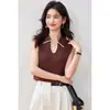 Chal de punto fino de verano para mujer 2026 Estilo nuevo Talla grande Cuello camisero sin mangas con bloques de color Top con un toque de alta gama