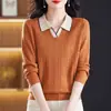 Tecido de fio fiado no núcleo 2026 novo estilo outono e inverno roupas femininas para meia-idade e idosos blusa de gola polo de manga comprida com suéter de tricô por dentro