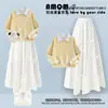 Conjunto Casual de Outono para Meninas: Conjunto de Duas Peças da Moda para Menina: Moletom com Gola e Saia com Laço para Uso Escolar