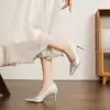 9169A-236 Salto Alto com Strass Feminino Bico Fino Salto Agulha com Tecido Brilhante, Renda Sapatos Elegantes para Casamento e Banquetes