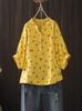 Camisa de punto artística estilo japonés con cuello en V, estampado floral, manga de tres cuartos para mujer, top casual de algodón de doble capa para verano