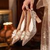 2024 Nuevos tacones altos de cristal para mujer, tacón grueso, plateados con lentejuelas, zapatos de boda franceses, lazo, zapatos individuales para mujer