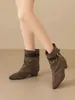 Botas de tornozelo retrô com fivela em camurça para mulheres, nova coleção outono 2026, salto grosso, botas de motociclista, botas western cowboy, estilosas