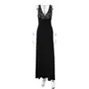 Amazon outono estilo europeu e americano feminino sexy renda decote V profundo vestido longo slim fit amarração nas costas sem costas vestido elegante