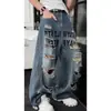 Verão 2026 Novo Jeans Rasgado de Cintura Larga Casual Longo com Estampa de Letras Retrô Americano para Homens e Mulheres