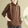 Moletom térmico canelado de 260g com gola semi-alta e botões, quente, de design solto e versátil com detalhes de bolso, top moderno