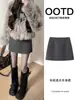 Falda midi de lunares grises, falda corta de línea A para mujer, estilo nuevo, falda bodycon elegante con ribete de encaje, falda cálida de mezcla de lana otoño/invierno