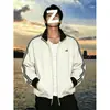 Moletom cardigã de gola alta em bloco de cores estilo americano para rua para homens, outono, jaqueta esportiva listrada texturizada estilosa e sofisticada
