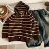 Chaqueta de Punto con Capucha a Rayas para Niños Otoño e Invierno Nueva Estilo Coreano Estilo Extranjero Sudadera de Punto para Niños y Niñas