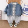 Traje de Mezclilla Estilo Coreano para Niños Primavera y Otoño Niños y Niñas Chaqueta de Moda con Bloques de Color y Pantalones Conjunto de Dos Piezas Venta al por Mayor