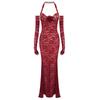 En Stock Cuello halter Espalda descubierta Ajustado Estilo europeo y americano Rojo Nuevo Encaje Sirena Vestido Largo de Noche Transfronterizo.