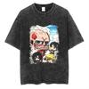 Camiseta de manga corta con estampado de batik lavado, estilo vintage de calle principal, de gran tamaño y con estampado de anime japonés gigante