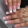 Uñas Vestibles para Cross-dressing Longitud Media Rayas de Moda Puntos Bordes Franceses Flores Estéreo 3D Uñas Postizas Desmontables