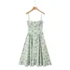 Casa Estilo Francés Retro Verde Estampado Cuello Cuadrado Anillo de Acero Tridimensional Cintura Ajustada Plisado Vestido Sling