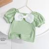 Camiseta Manga Curta Estilo Coreano Nova Verão 2026 para Meninas com Laço Doce, Roupa Infantil, Body Infantil de Manga Bufante