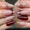 Unhas Postiças Francesas Wearable em Formato de Amêndoa Cor Vinho com Decoração de Laço e Estrela em Resina 3D com Efeito Ondulado