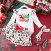 Venta al por mayor transfronteriza otoño e invierno 2024 nuevo conjunto de tres piezas de ropa festiva para niñas y niños, manga larga hayi, falda de Navidad