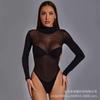 Europeo y Americano Tentación Sexy Provocar Cuello Alto Manga Larga Ajustado Ultrafino Perspectiva Malla Negra Sexy en stock