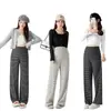 Pantalones de maternidad a rayas con forro polar para otoño e invierno, de cintura alta, soporte para el vientre, pierna ancha, adelgazantes, cálidos, buena caída, cubren el abdomen, se pueden usar afuera, pantalones largos