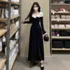 Vestido de Encaje con Bloques de Color Otoño e Invierno Estilo Francés, Cuello en V Retorcido Elegante, Venta al por Mayor Transfronteriza, Vestido Largo de Línea A de Doble Uso para Mujer