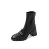 Botas Finas Camelia Francesa de Suela Silenciosa 2025 Otoño e Invierno Tacón Alto Grueso Punta Redonda Piel de Vaca Elásticas Cortas para Mujer Talla Grande 42