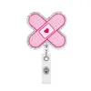 Porta credencial retráctil de enfermera estilo médico rosa con diseño de estetoscopio en forma de corazón de acrílico con purpurina
