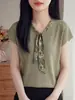 Bufanda de Seda de Verano Patchwork Bambú Lino Manga Corta Mujer Temperamento Artístico Holgado Adelgazante Transpirable Cómodo Top Casual para el Trabajo
