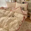 Lindo Gato de Piel Negra Gato Crema Puff Gasa Juego de Cuatro Piezas Borde de Concha Estilo Ins Dibujos Animados Amigable con la Piel Funda Nórdica Juego de Tres Piezas para Estudiante Sábana
