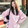 Camiseta de Manga Larga a Rayas con Bloques de Color Dopamina Estilo Japonés para Mujer, Top Casual Holgado para Primavera y Otoño