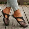 Sandalias planas transfronterizas para talla grande, pantuflas de red calada con puntera abierta, sandalias planas de media zapatilla para mujer, sandalias de dedo para uso en exteriores