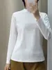 Camiseta de manga larga para mujer de algodón puro de alta calidad con cuello semi-alto, cuello blanco pequeño de pie, corte ligeramente holgado, adecuada para primavera y otoño, se puede usar como capa interior o sola, moderna