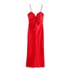 Vestido Midi Feminino Europeu e Americano Transfronteiriço Explosões Temperamento Moda Cor Sólida Sem Mangas Textura Cetim de Seda
