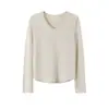 Top de punto de cáñamo puro para mujer, cuello en V, manga larga, suave y ligero, no es sudadera, camisa base de color liso versátil y elegante