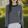 Top de Hilo de Algodón Puro a Rayas de Color Contrastante, Nuevo Estilo de Primavera, Manga Larga, Cuello Redondo, Suéter Básico de Punto Holgado Elegante para Mujer
